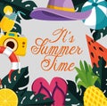 summer time poster with tropical fruits and leaves plants Royalty Free Stock Photo
