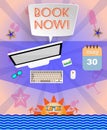 Summer time purple infographic, with book now text, icons and travel accessories