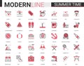 Summer time red black flat line icon vector illustration set of pictogram symbols collection with travel, beach vacation Royalty Free Stock Photo