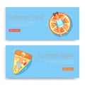 Summer time, relax, inscription on set banners, tropical blue ocean, tourism exotic vacation, cartoon style vector