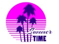 Summer time retro futuristic landscape with palm trees. Neon sunset in the style of 80s. Synthwave retro background Royalty Free Stock Photo