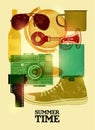 Summer time retro poster. Vector design with vintage things. Eps 10.