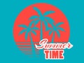 Summer time. 80s retro palm trees on a sunset. Tropical landscape. Tiffany blue and coral red colors. Vector