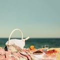 Summer time at the sea. Romantic picnic on the beach - wine, strawberries and sweets.