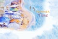 Summer time seascape painting colorful of family vacation and tourism