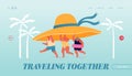 Summer Time Season, Vacation Landing Page Template. Tiny People Carry Huge Tropical Hat Enjoying Summertime Holiday