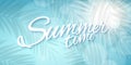 Summer time. Seasonal cover. Advertising web banner. Beautiful text. Glares bokeh. Silhouette of a palm tree leaf. Sun rays. Sunny Royalty Free Stock Photo