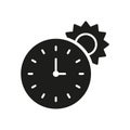 Summer Time Silhouette Icon. Clock and Sun Glyph Pictogram. Morning Sunshine, Summertime Symbol. Alarm for Sunbathing