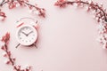 Summer time. Spring blossom and April floral nature with alarm clock on pink background. Beautiful scene with blooming Royalty Free Stock Photo