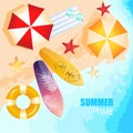 Summer time.Summer background with surfboards, starfish, swimming rings, umbrellas, sunglasses.