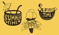 Summer time and sweet summer. Set of hand drawn vector doodle of summer decor. Cocktail, watermelon slice and ice cream