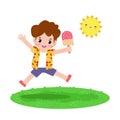 Summer time template banner, Cute little kids holding ice cream and jumping feeling happy in hot sunny day vacation flat cartoon Royalty Free Stock Photo