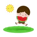 Summer time template banner, Cute little kids holding watermelon and jumping feeling happy in hot sunny day vacation flat cartoon Royalty Free Stock Photo