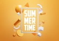 Summer Time Text Inside Rectangle White Frame on Orange Background. Stylish Minimal 3D Rendering Object