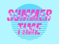 Summer time. Text with palm trees on a sunset. 80s retro design for banner, poster and party invitations. Vector illustration Royalty Free Stock Photo