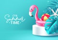 Summer time text vector banner design. It\'s summer time greeting with pink flamingo floaters