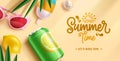 Summer time text vector design. Summer time greeting with tropical drinks soda, cola