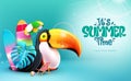 Summer time text vector design. It\'s summer time enjoy every moment text with toucan bird