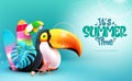 Summer time text vector design. It\'s summer time enjoy every moment text with toucan bird and surf board beach elements. Royalty Free Stock Photo