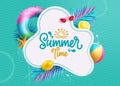 Summer time text vector template. Summer time typography in white space with floaters, beachball