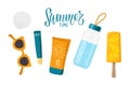 Summer time. Things necessary on beach for health. Sunscreen cosmetics, water bottle, sunglasses, ice cream, shell