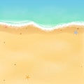 Summer time. Top view of an exotic empty beach with sea stars and seashells. A place for your project. A foamy sea with waves. Vec