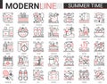 Summer time vacation complex red black line vector set. Website outline summertime pictogram app symbols collection with