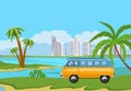 Summer time vacation illustration. Camper van, minibus.