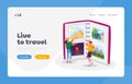 Summer Time Vacation, Memory After Trip Landing Page Template. Tiny Women Look Traveling Pictures in Huge Photo Album Royalty Free Stock Photo