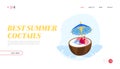 Summer Time Vacation Relax Landing Page Template. Man in Swim Suit Relaxing in Huge Coconut with Umbrella