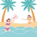 Summer time vacation tourism girls playing in sea with beach ball Royalty Free Stock Photo