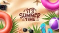 Summer time vector background design. It`s summer time in sand space for text with tropical season elements Royalty Free Stock Photo