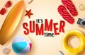 Summer time vector background design. It`s summer time 3d text in sand background with beach element like beach ball, floater.