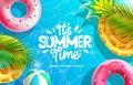 Summer time vector background. It\'s summer time text with beach ball, pineapple and donut floater in pool background.