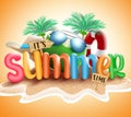 Summer time vector banner background. It`s summer time text in beach island sand with tropical season elements like palm tree. Royalty Free Stock Photo