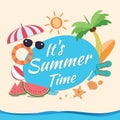 Summer time banner design with blue circle for text and colorful beach elements in sand colored background Royalty Free Stock Photo