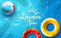 Summer time vector banner design. It`s summer time text in swimming pool background with floating elements like floater and beach.