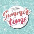 Summer time vector banner design with white circle for text and colorful beach elements in white background. Vector illustration Royalty Free Stock Photo