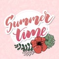 Summer time vector banner design with white circle for text and colorful beach elements in white background. Vector illustration Royalty Free Stock Photo