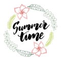 Summer time vector banner design with white circle for text and colorful beach elements in white background. Vector illustration Royalty Free Stock Photo