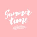 Summer time vector banner design with white circle for text and colorful beach elements in white background. Vector illustration Royalty Free Stock Photo