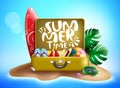 Summer time vector concept design. It`s summer time text in luggage travel bag with elements like leaves and surfboard for holiday Royalty Free Stock Photo