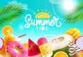 Summer time vector design background. Summer time text in empty space with tropical season food and drinks elements. Royalty Free Stock Photo