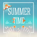 Summer time vector design banner with Illustration of feet with nails, shells, swimsuit, parasol, sand, the Royalty Free Stock Photo