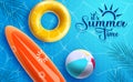 Summer time vector design. It`s summer time text with floating elements like floaters, beach ball and surfboard in swimming pool.