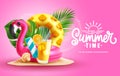 Summer time vector design. Summer text with flamingo and pineapple floaters elements in sand beach elements.