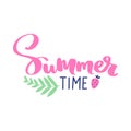 Summer time - Vector hand drawn lettering phrase with strawberry and leaf.