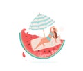 Summer time vector illustration. Beautiful smiling girl lie on towel under striped umbrella. Beach concept design with Royalty Free Stock Photo