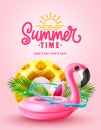 Summer time vector poster design. Summer time text with flamingo and pineapple floaters beach swimming elements.