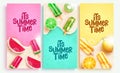 Summer time vector poster set. It\'s summer time text with popsicle sliced fruits in sand background. Royalty Free Stock Photo